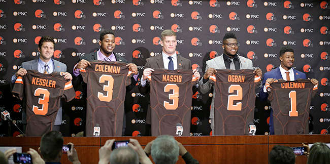 By the end of Friday night, five of the Browns' 14-man draft class was already in place (from left to right): USC QB Cody Kessler, Auburn OL Shon Coleman, Penn State DE Carl Nassib, Oklahoma State DE Emmanuel Ogbah and Baylor WR Corey Coleman.